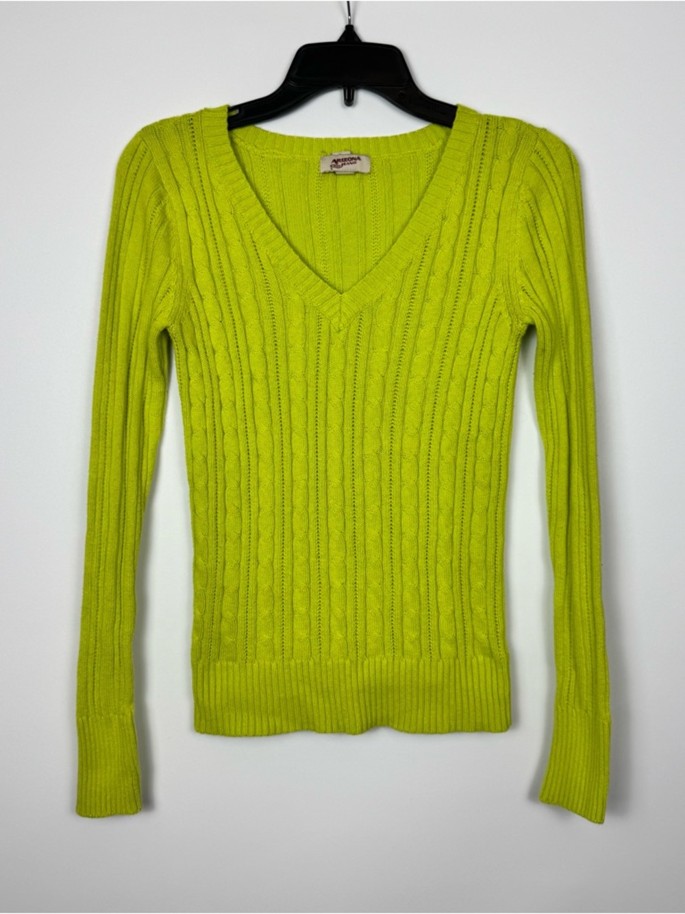 Arizona Jean Company Lime Green Cable Knit V-Neck Sweater